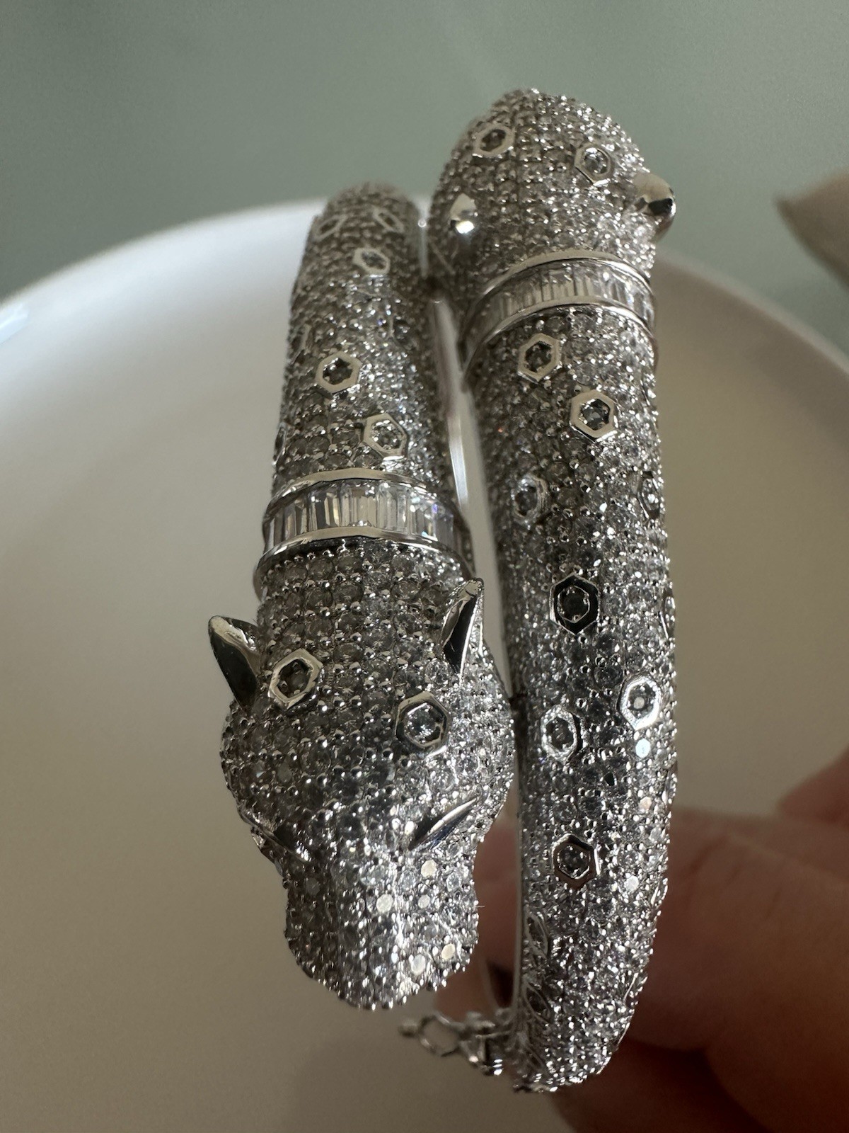 Bracelet 925 Silver Double Head Panther Stone Zirconia