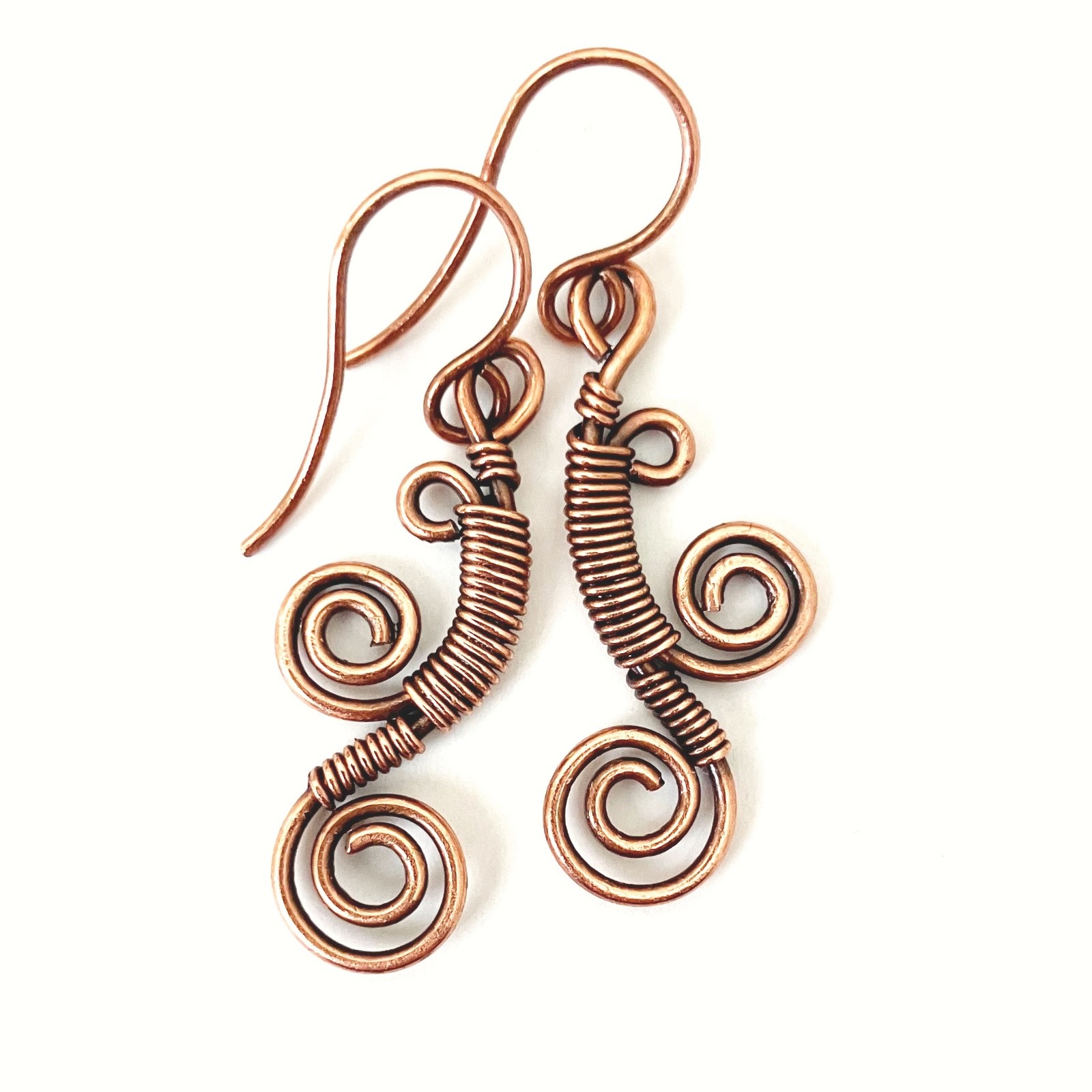 Copper Wire Wrapped Earrings Swirl Funky Spiral Bohemian Jewelry Handcrafted