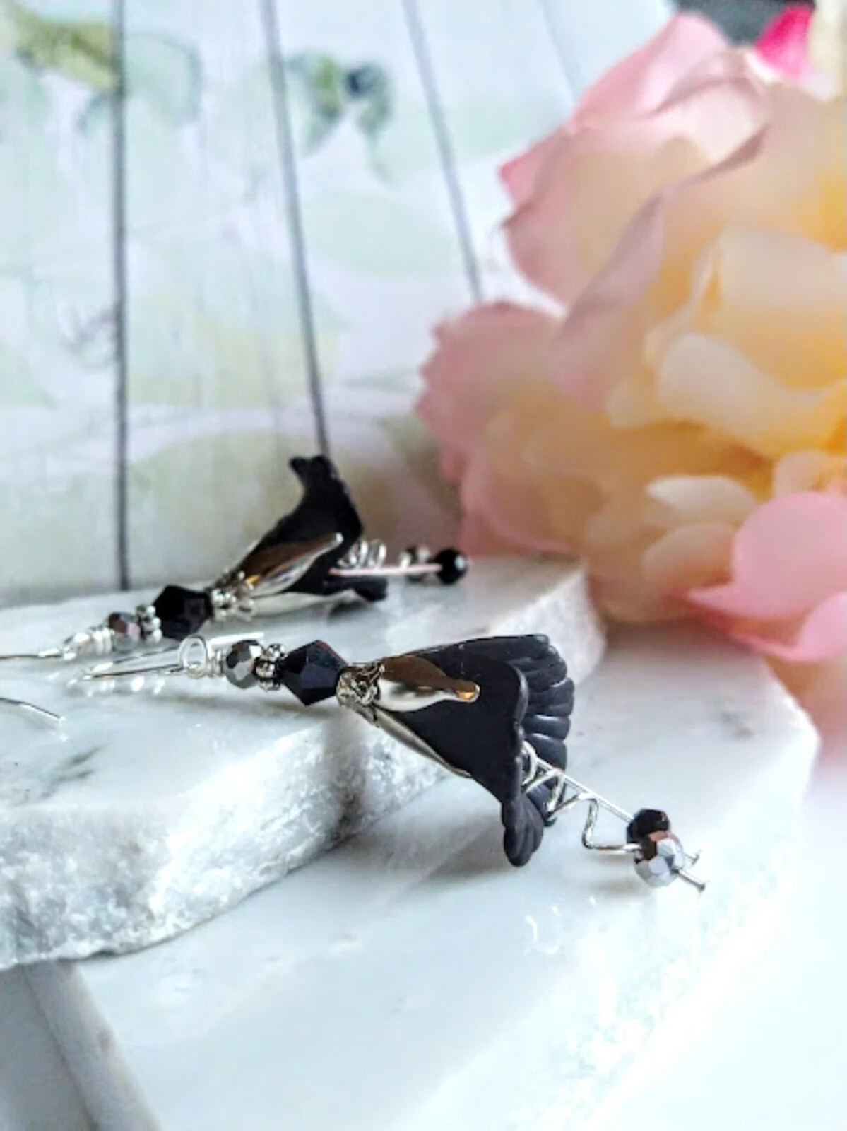 Lucite Flower Earrings Black, Tulip-Rose-Lily Silver Dangle Earrings, Black
