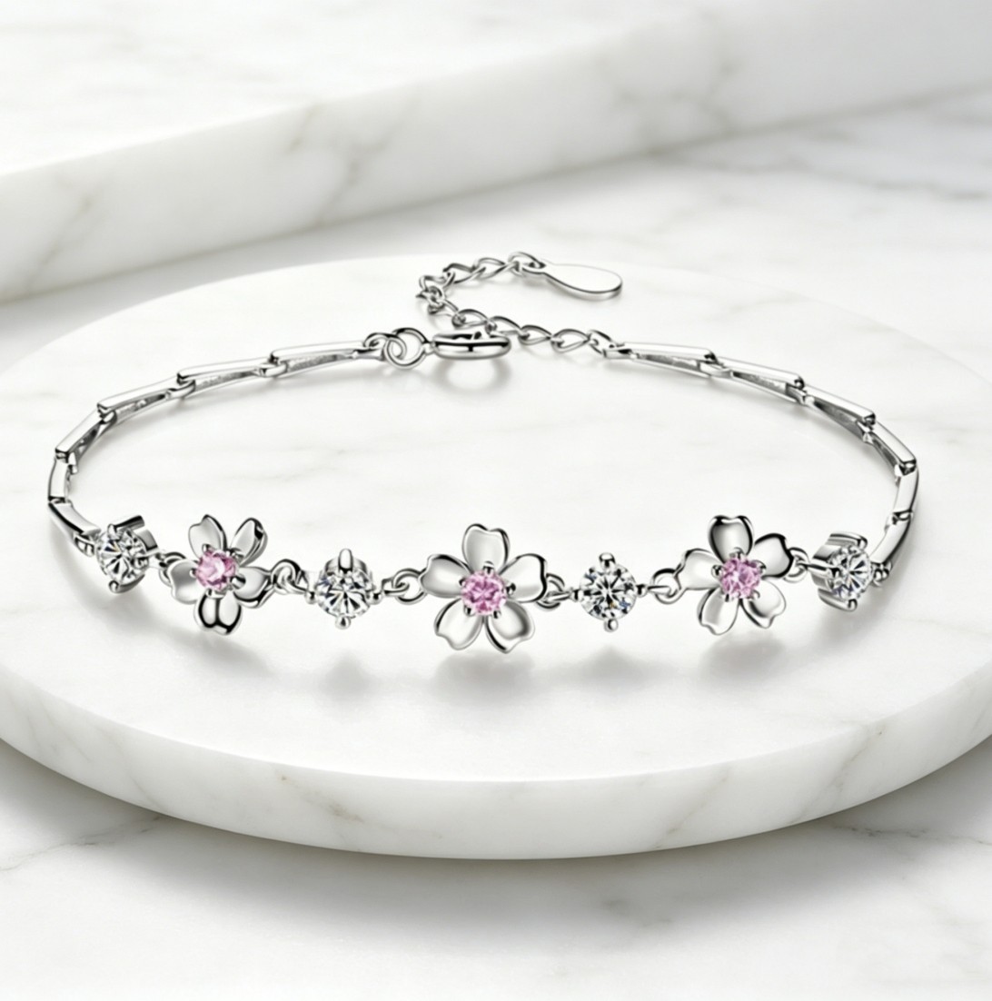 Pink Zircon Cherry Blossom Bamboo Link Chain Spliced Segmented Chain Bracelet