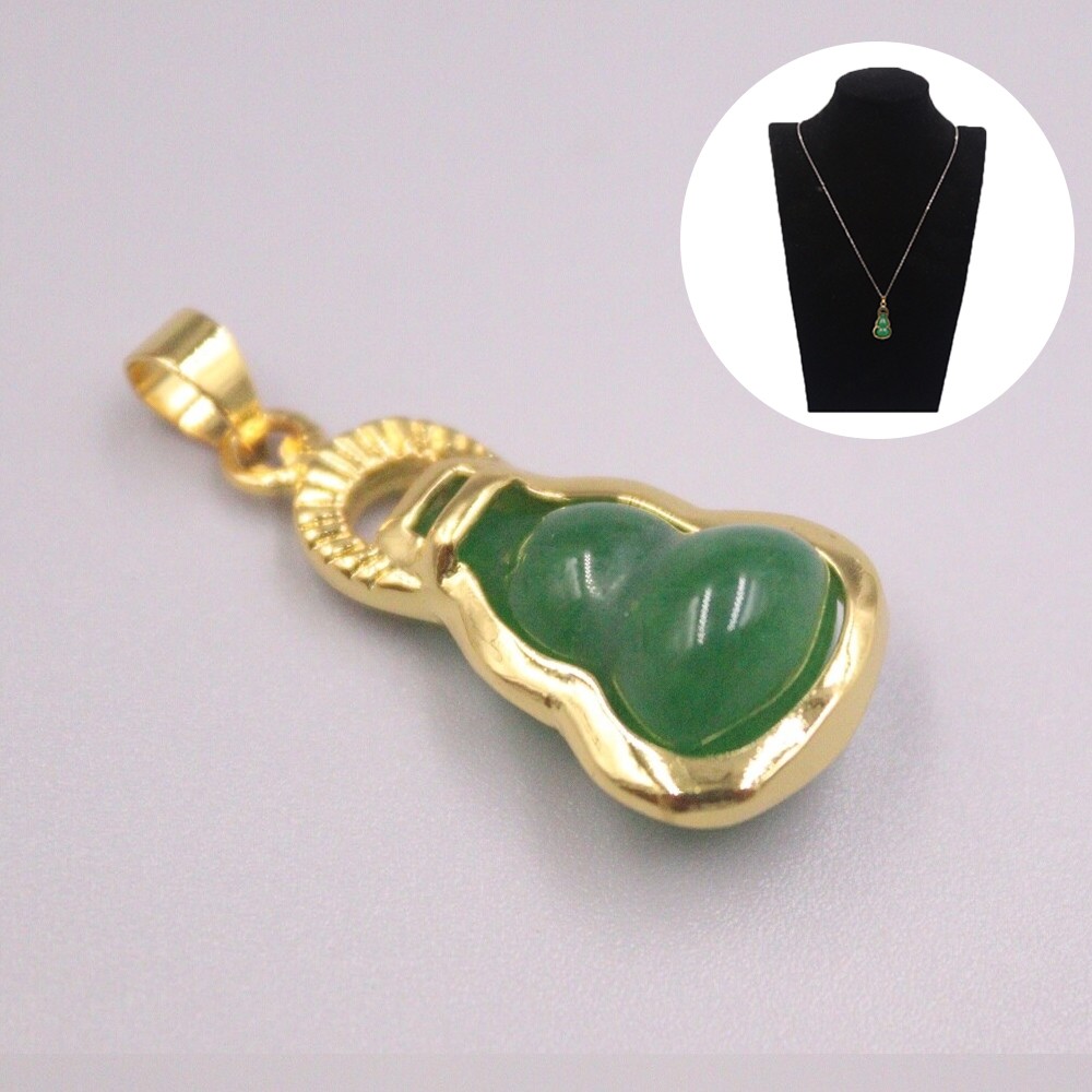 Gold Plated Simulated Heating Jade Small Gourd Green Jadeite Pendant US