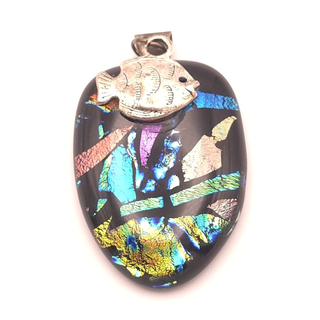 Dichroic Multicolor Glass Pendant Silver Tone Metal Fish Charm Bail