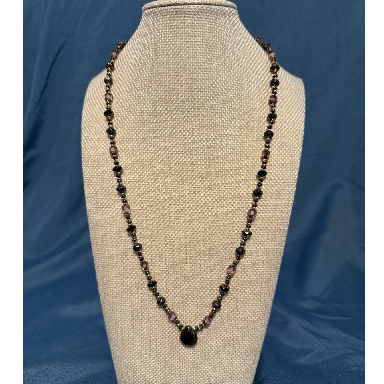 Gold & Brown Glass and Metal Beaded Necklace with Teardrop Pendant Lobster Clasp