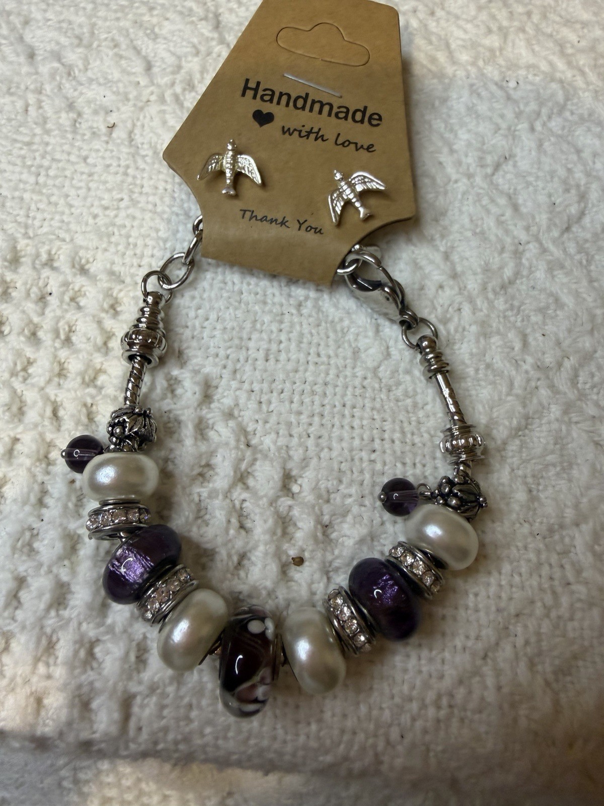 Handmade Silver Tone Snake Chain Charm Bracelet Purple White Glass Beads