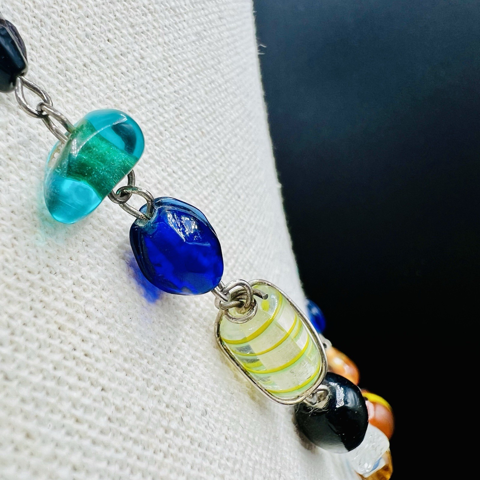 Colorful Art Glass Bead Necklace Multicolor Lampwork BohoEclectic Statement 20″
