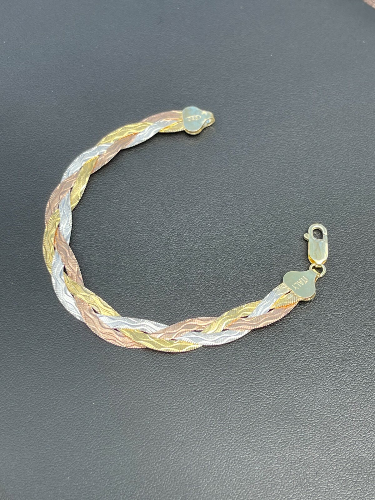Solid 925 Silver Tri Color Yellow Rose Gold Plated Braided Herringbone Bracelet