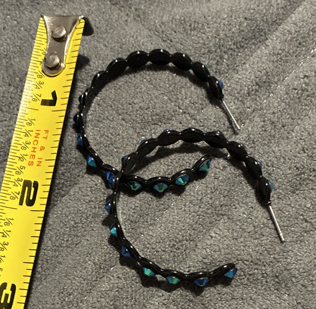 Black Metal Hoop Earrings Blue Round Crystal Accents Post Closure Pierced Pair