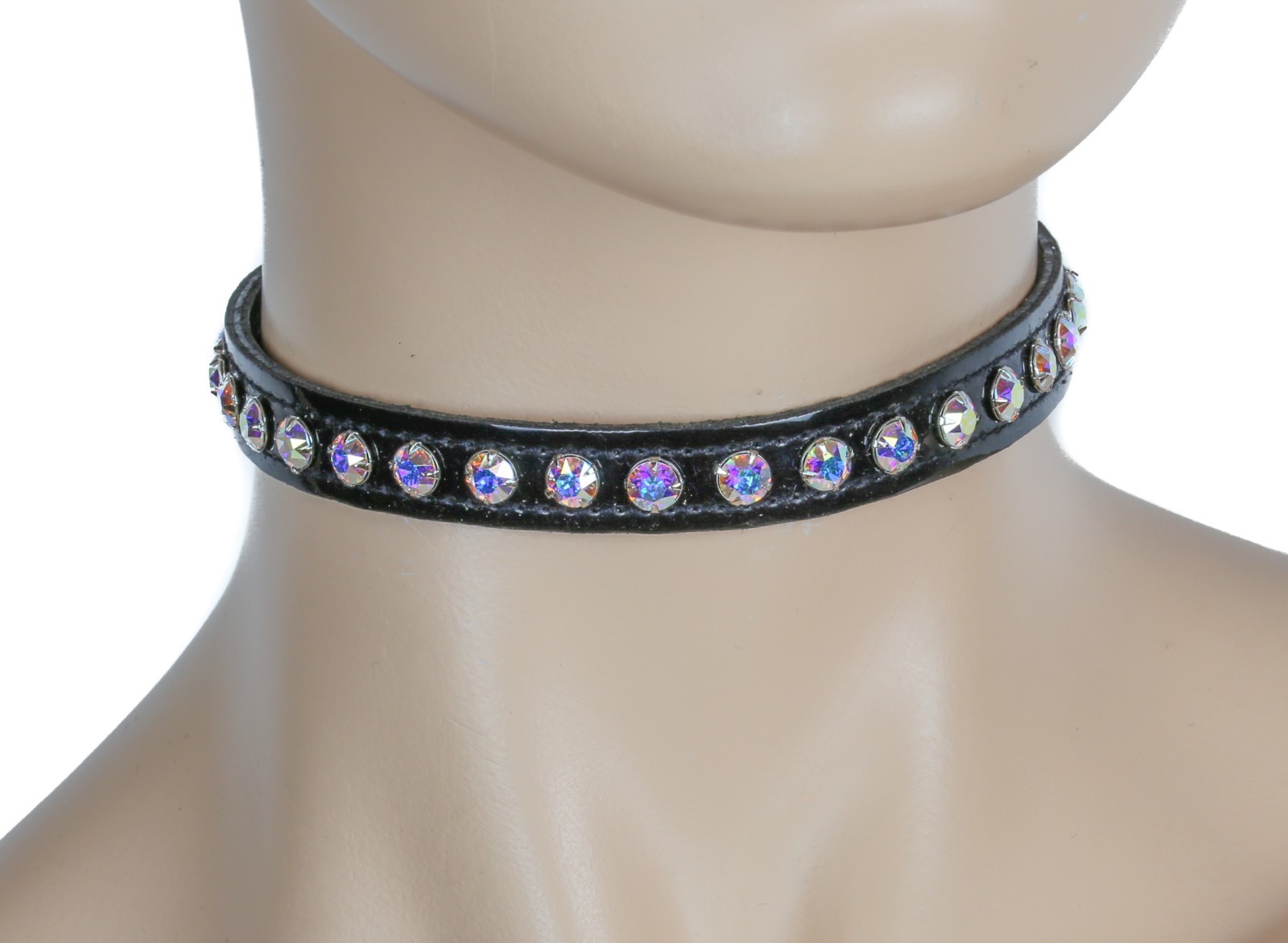 Rhinestone Choker Patent Black punk goth rockabilly Aurora Borealis stone