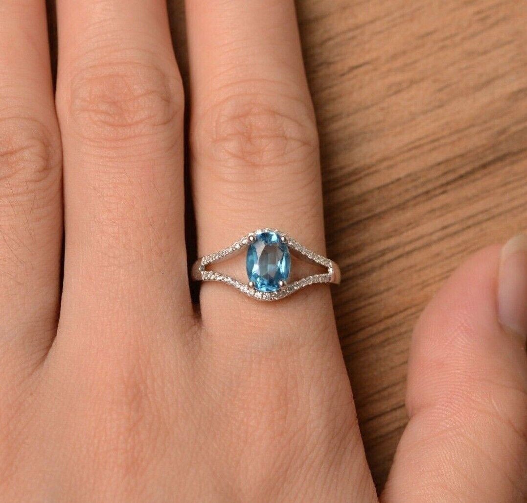 Oval Cut Simulated Blue Topaz Women’s Stunning Band Ring 14K White Gold Plated