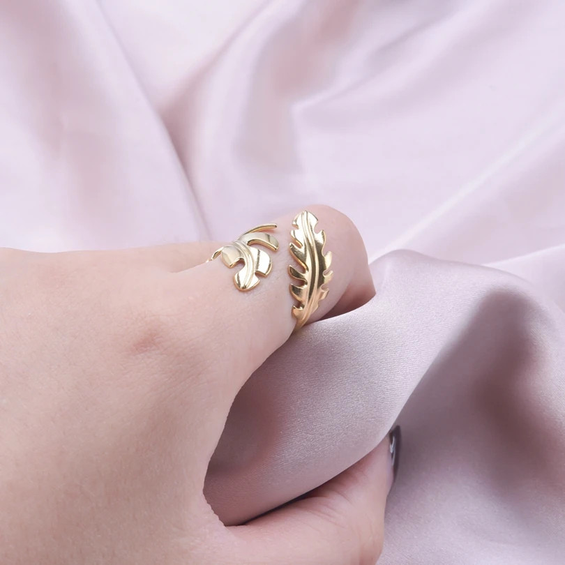 2PCS Stainless Steel Ring Leaf Water Droplet Adjustable Gold Plated Jewelry