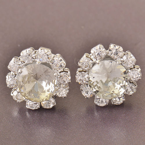 New Silver Plated Clear White Crystal Round Flower Button Style Stud Earrings