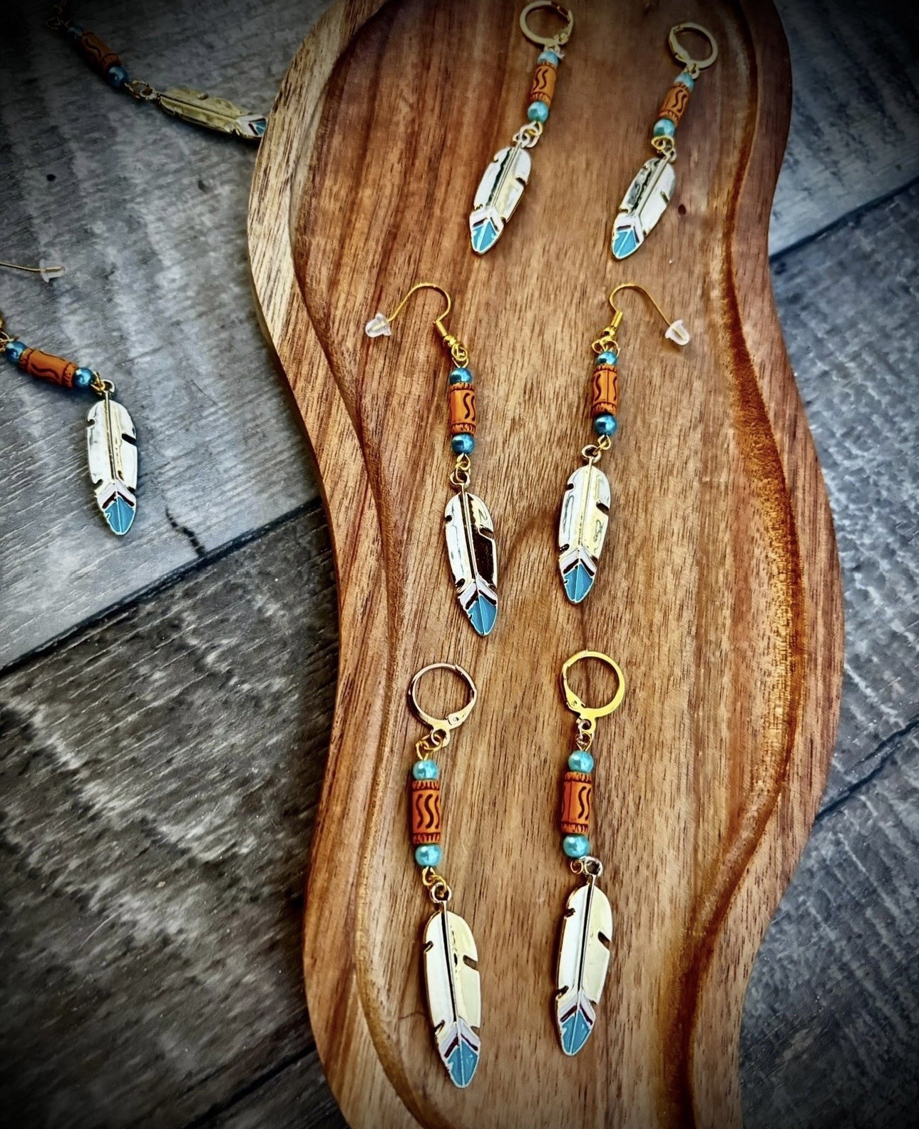 Bohemian Feather Dangle Drop Earrings Metal Hook Closure Gold Silver Blue