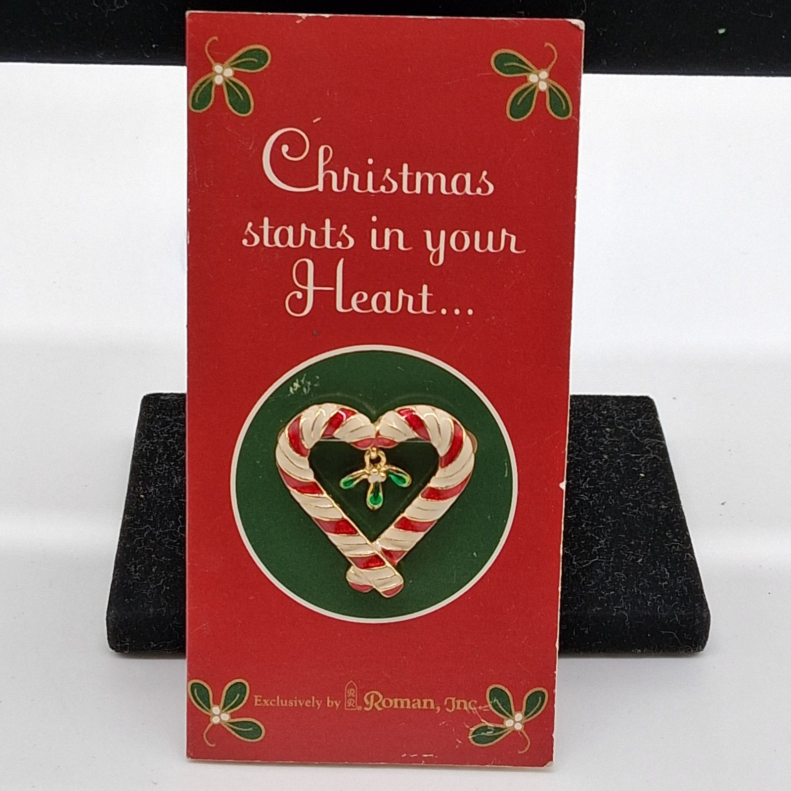 Vintage 1999 Roman Inc Christmas Mistletoe Candy Cane Brooch Pin