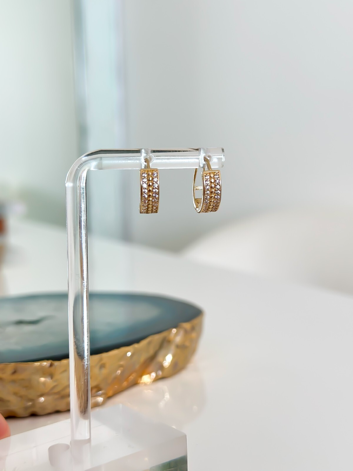 14K SOLID Gold Earrings Cubic Zirconia Huggies, 585 Yellow Gold for Her