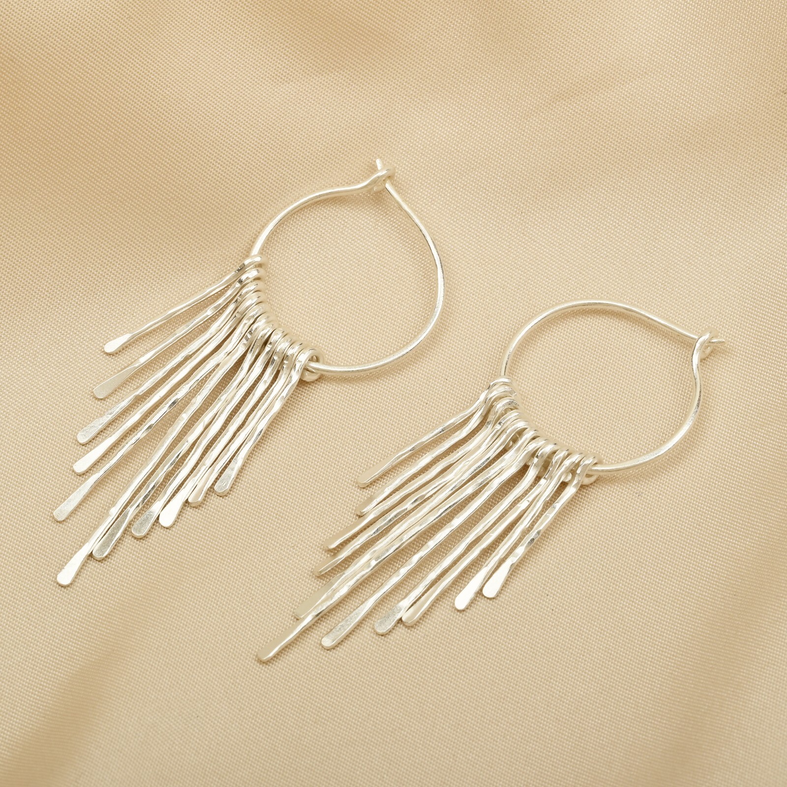 Brass Silver Plated Fringe Hoops Earring For Women, Minimalist Fringe Jewelry