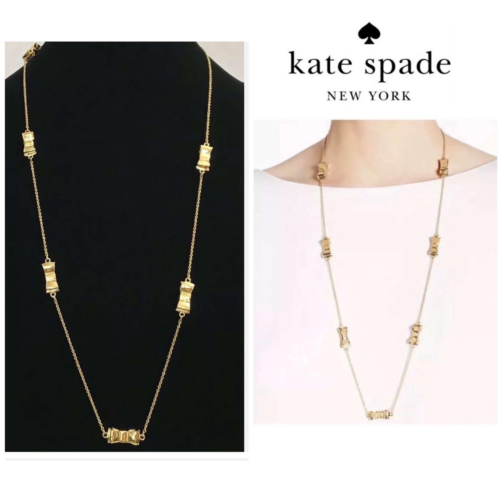 NWT Kate Spade MOON RIVER 12-K Gold Plated Scatt Bow Long Chain Necklace~RARE!