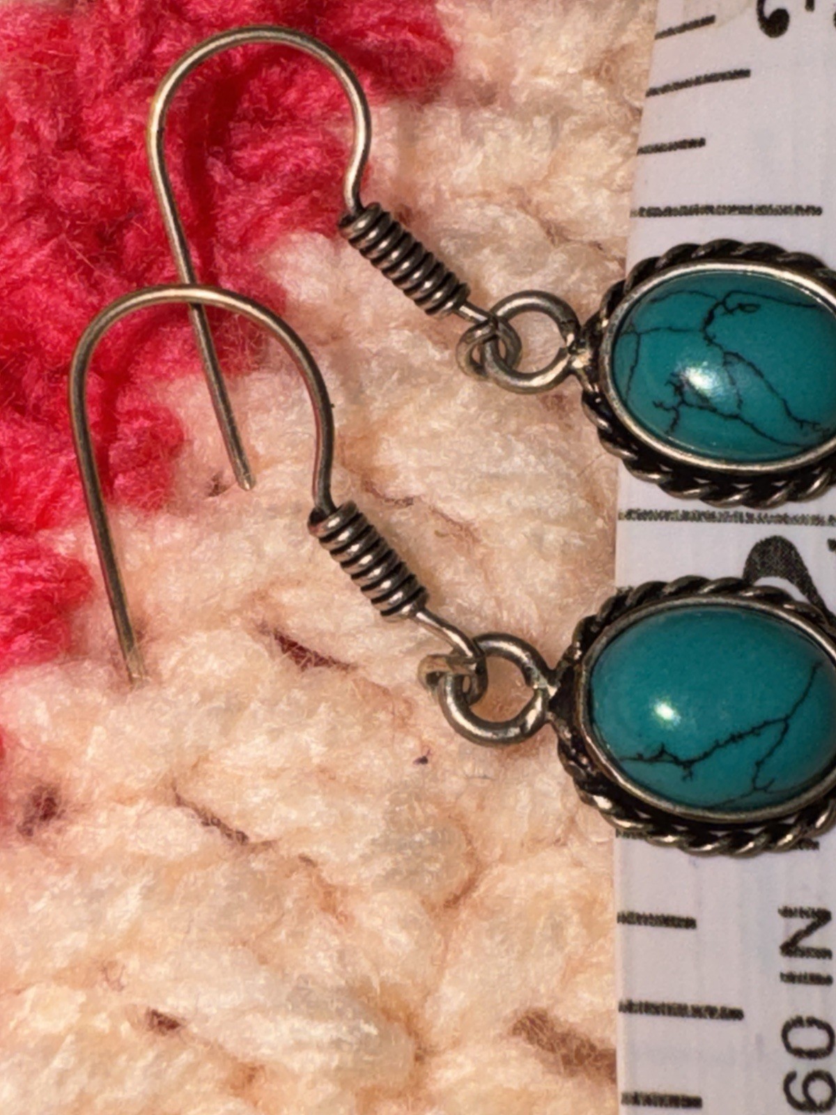 Silver Tone Oval Blue Turquoise Cabochon Bezel Set Dangle Hook Earrings 1.5 in