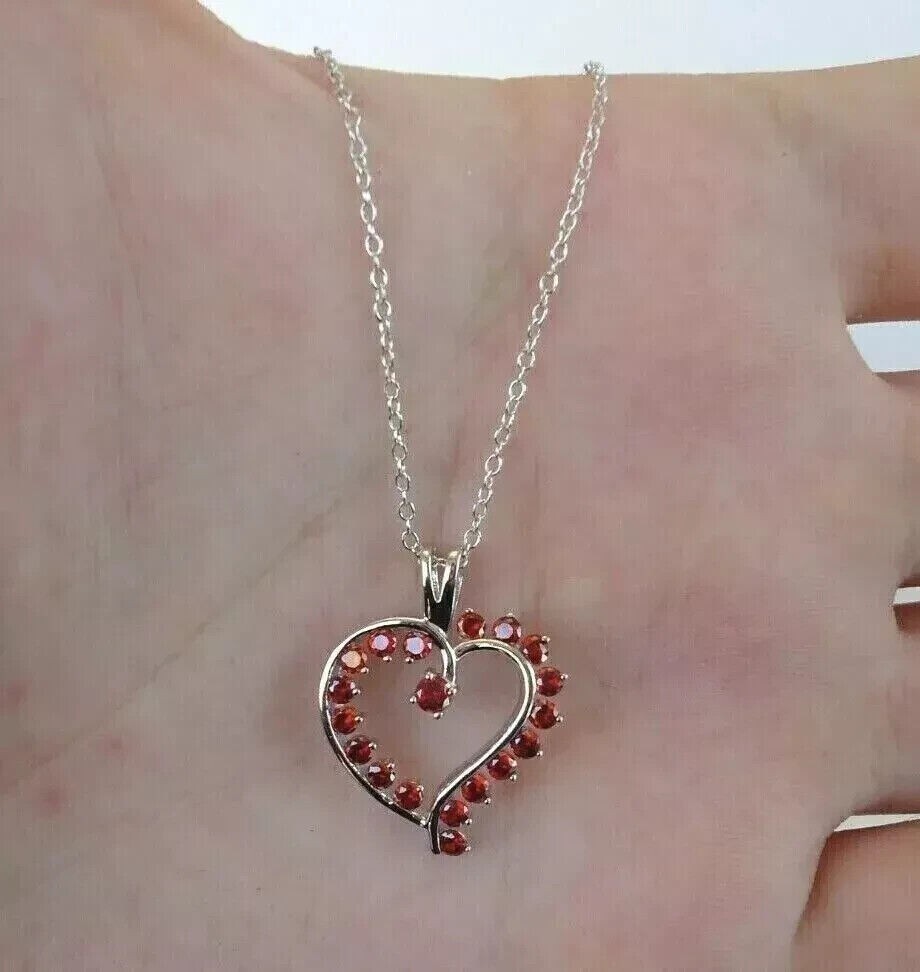 2Ct Round Simulated Garnet Women’s Heart Charm Pendant In 14k White Gold Plated