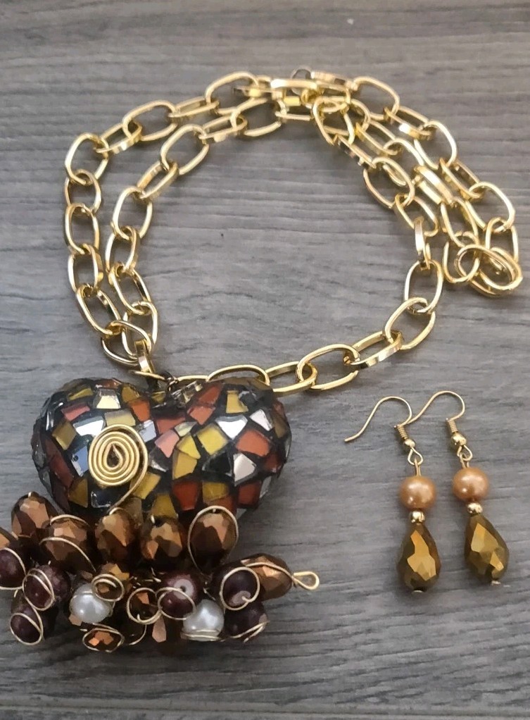 collar set de corazón, aretes vitral mexicano, Lote de 8 sets mayoreo hand made.