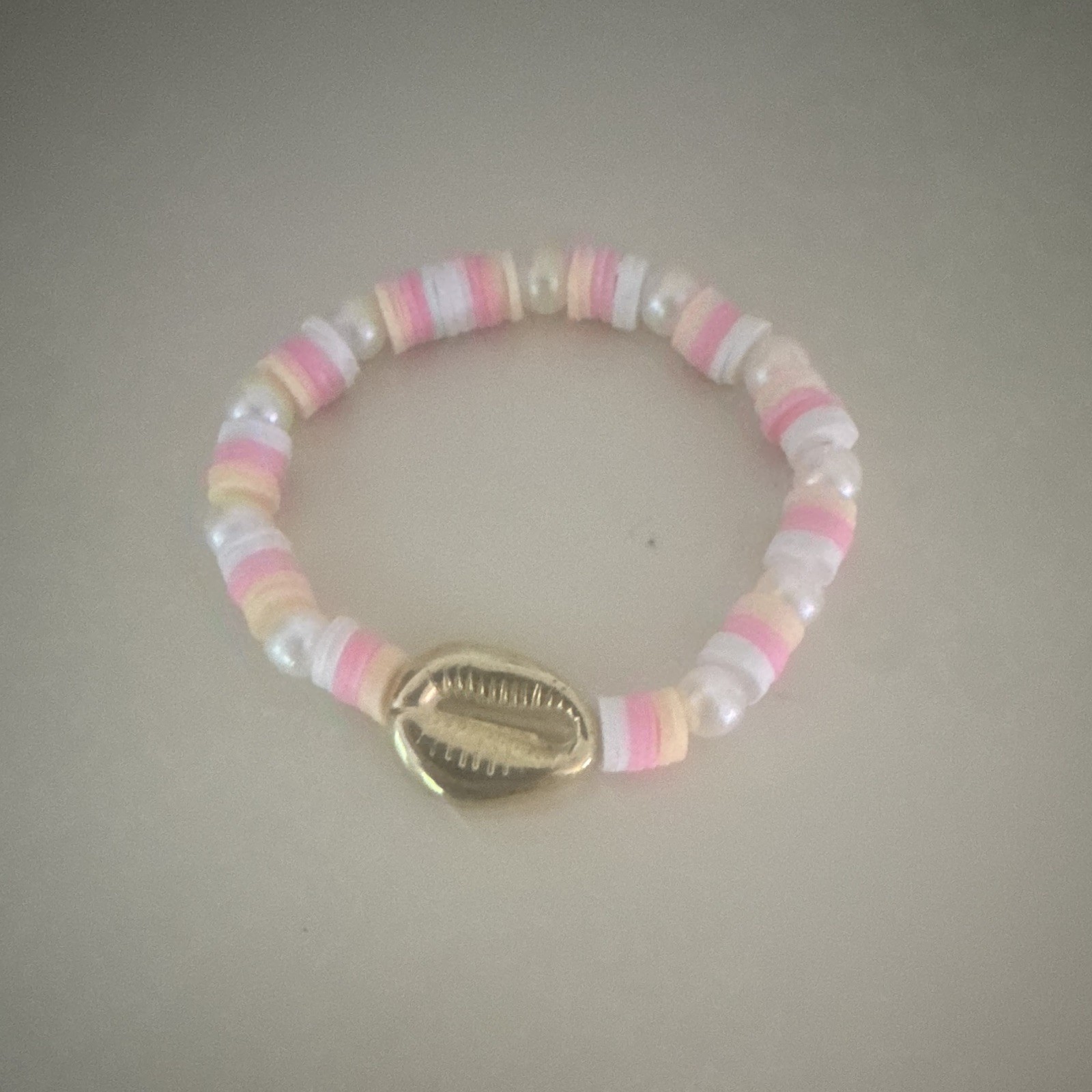 Pink, White & Gold Stretch Beaded Bracelet, Round Beads, Beach Charm hand made!