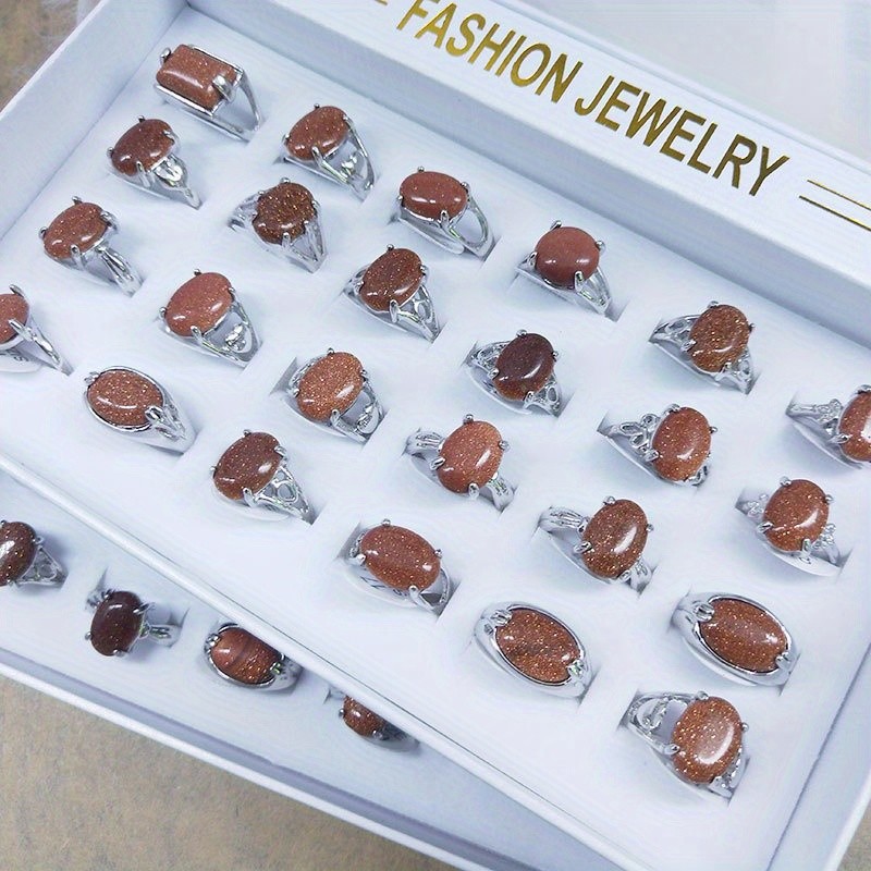 24Pcs Golden Sand Stone Rings Bulk Oval Rings Unisex Jewelry With Gift Box