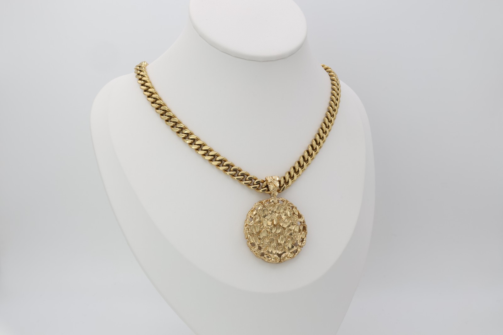 Gold Nugget Necklace, Round Nugget Pendant, 7mm Curb Chain, 14k Gold Plated