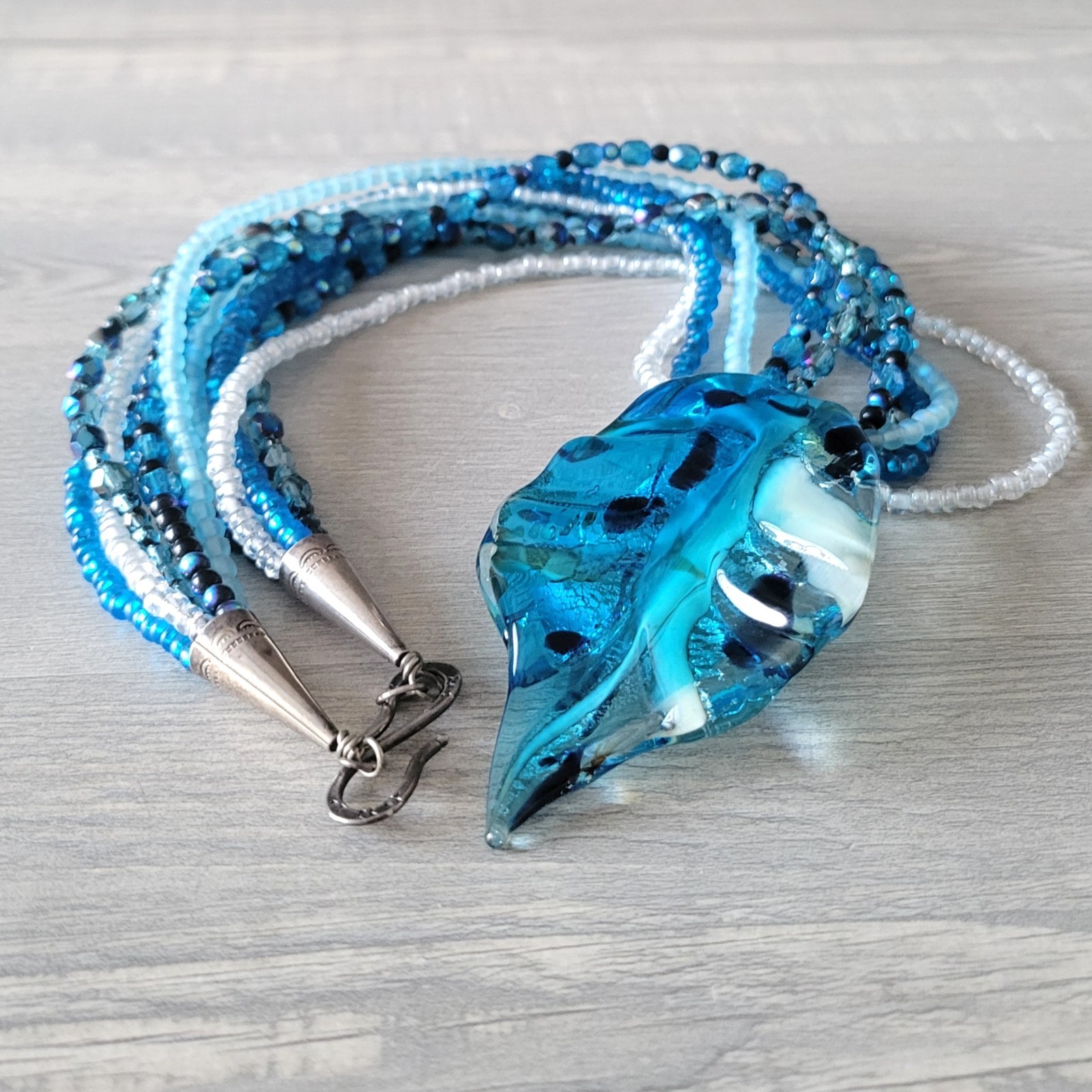 Murano Italian Glass Large Pendant Bead Necklace 925 Clasp Blues * BEAUTIFUL *