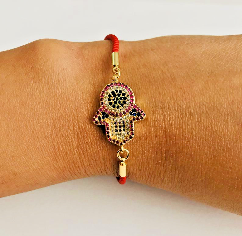 Yellow Gold Stainless Steel CZ Hamsa Red Cord Bracelet 7.5” Fatima Hand – B35