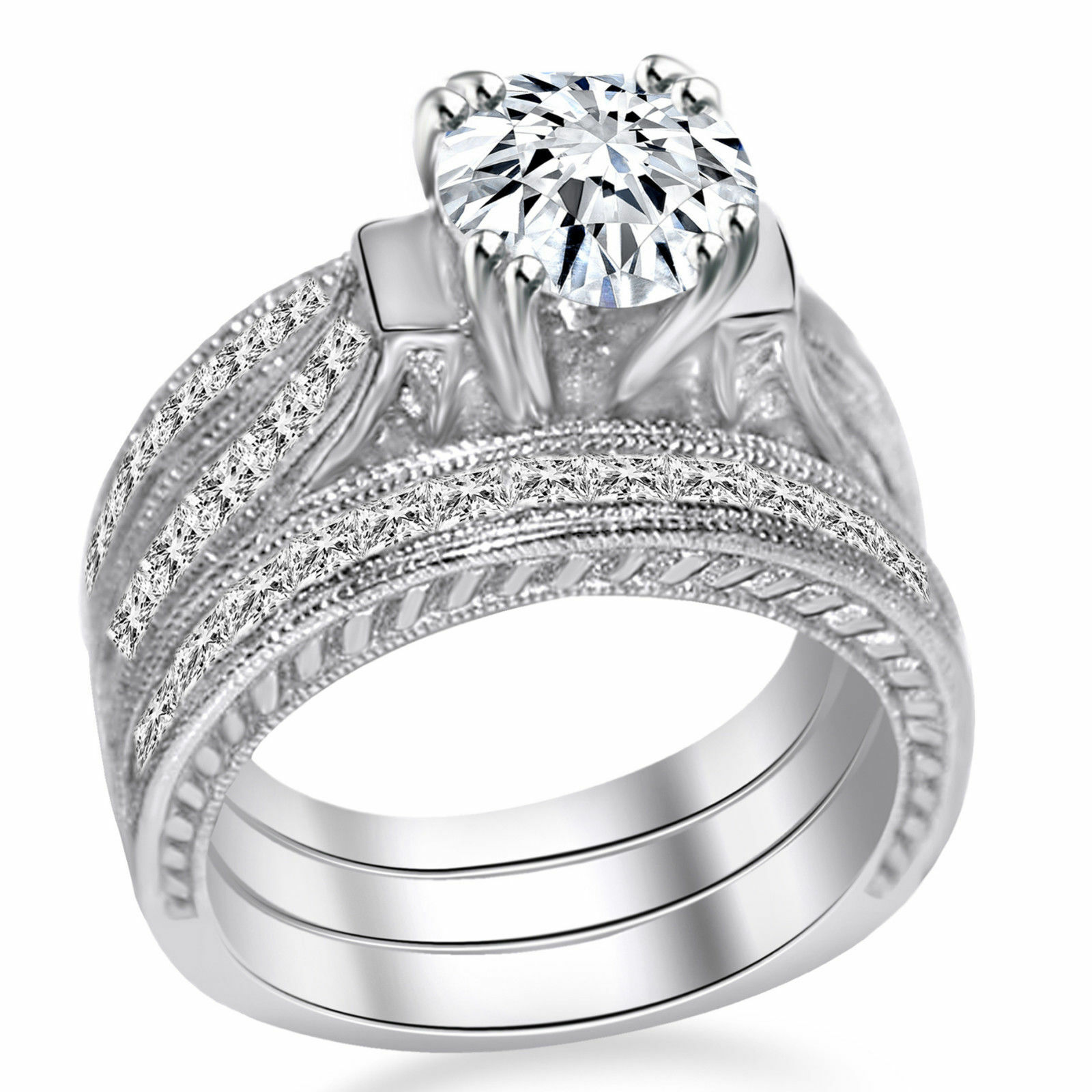 Solitaire W/ Accent Engagement Ring Simulated Diamond Sterling Silver 925