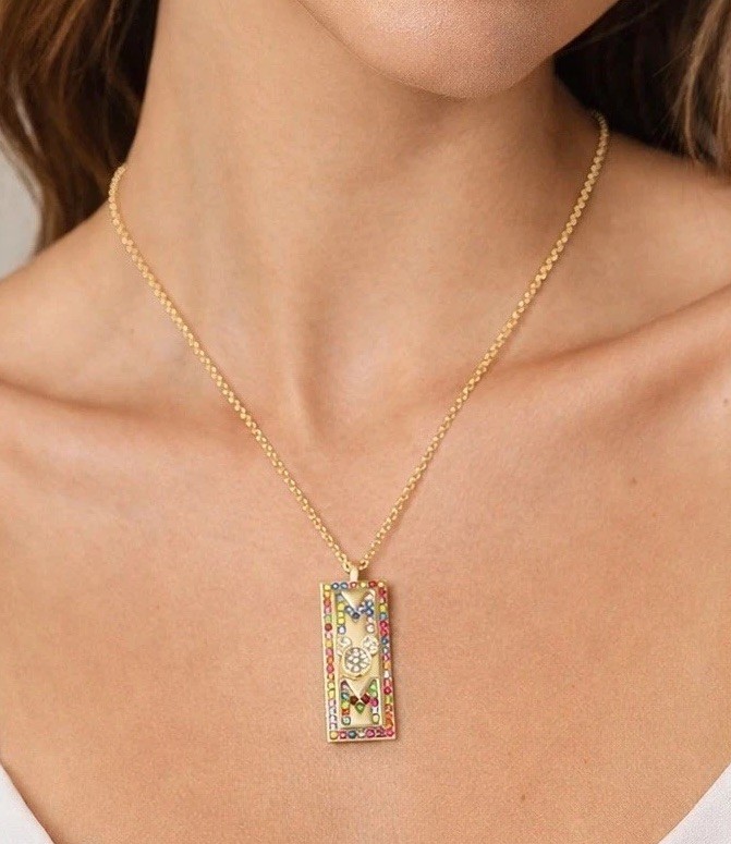 Mickey Mouse “MOM” 14k Gold Flash Plated Multicolor Crystal Bar Disney Necklace
