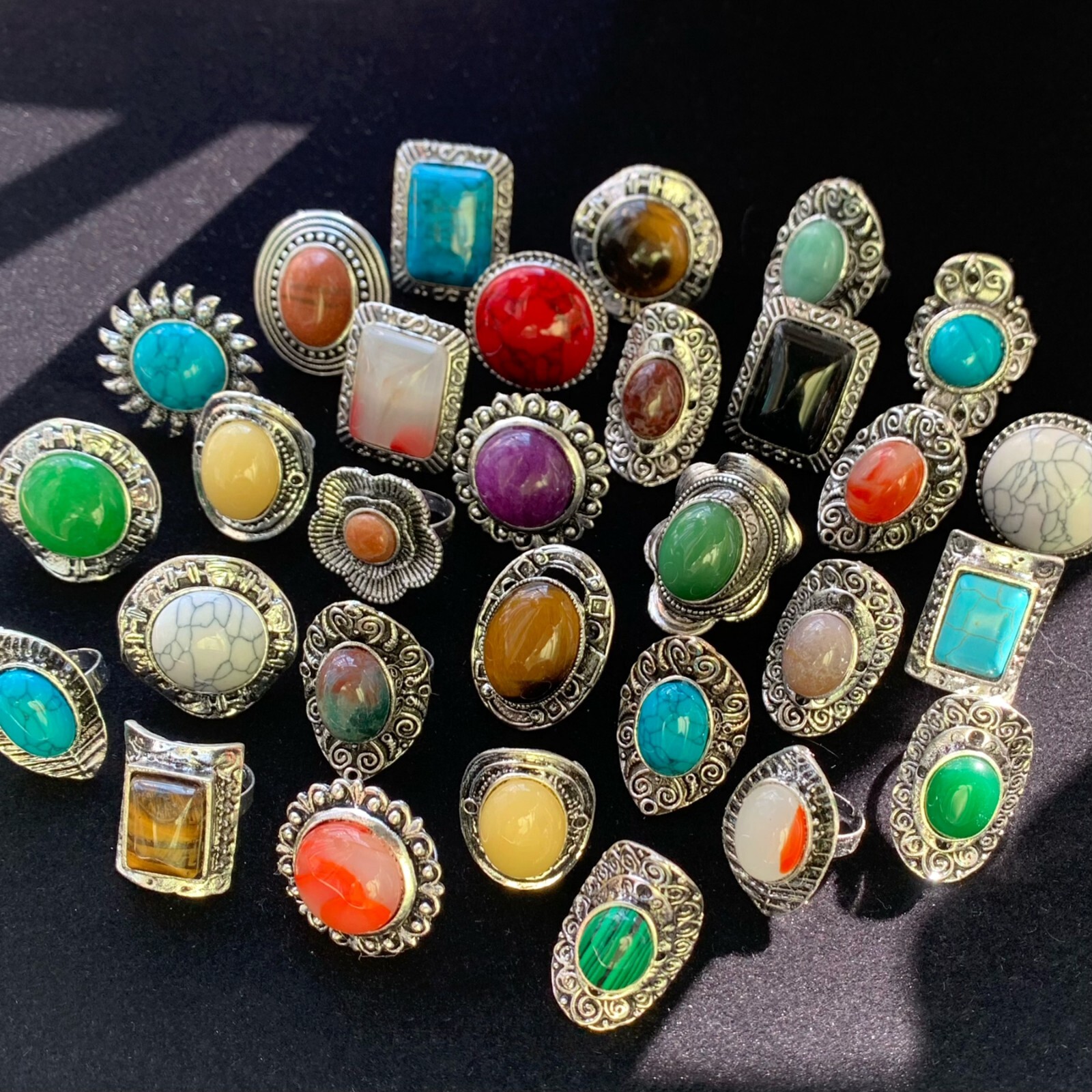 Wholesale 12pcs Big Natural Stone Vintage Rings Women Mix Antique Silver Jewelry