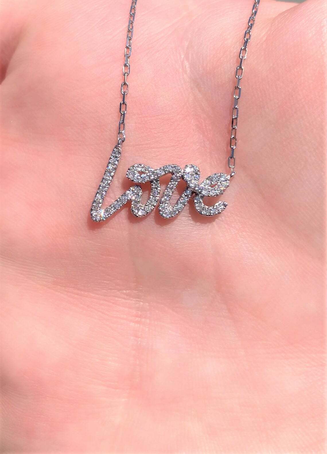 0.50Ct Simulated Diamond Love Pendant Necklace 14K White Gold Plated Silver 18”