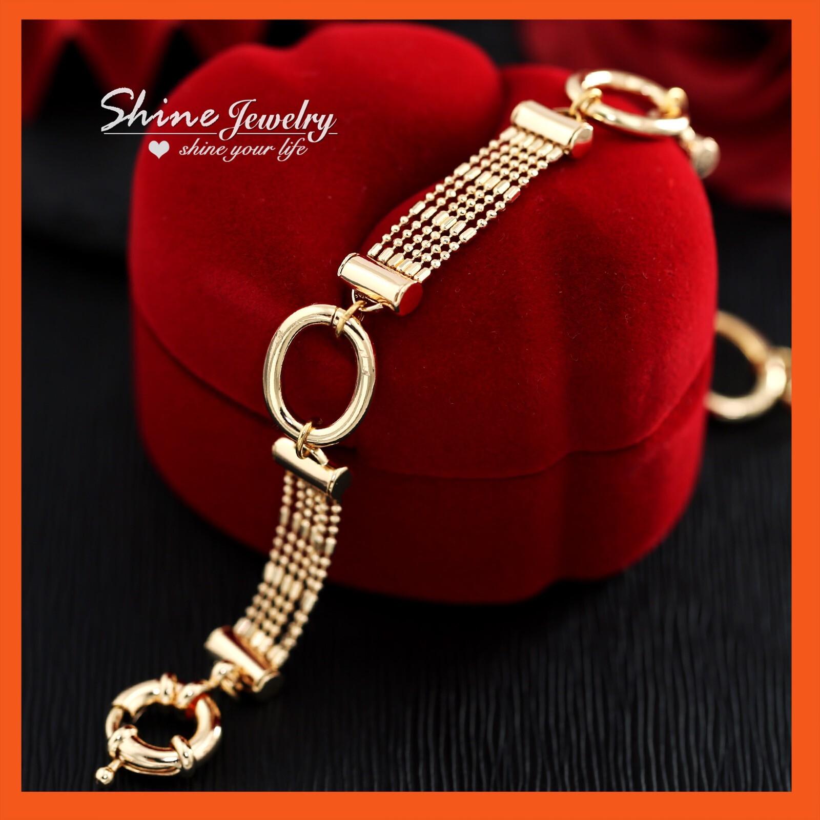 18K ROSE GOLD FILLED MULTI BEADED O LINKS CHAIN BOLT RING BANGLE BRACELET 18.5CM
