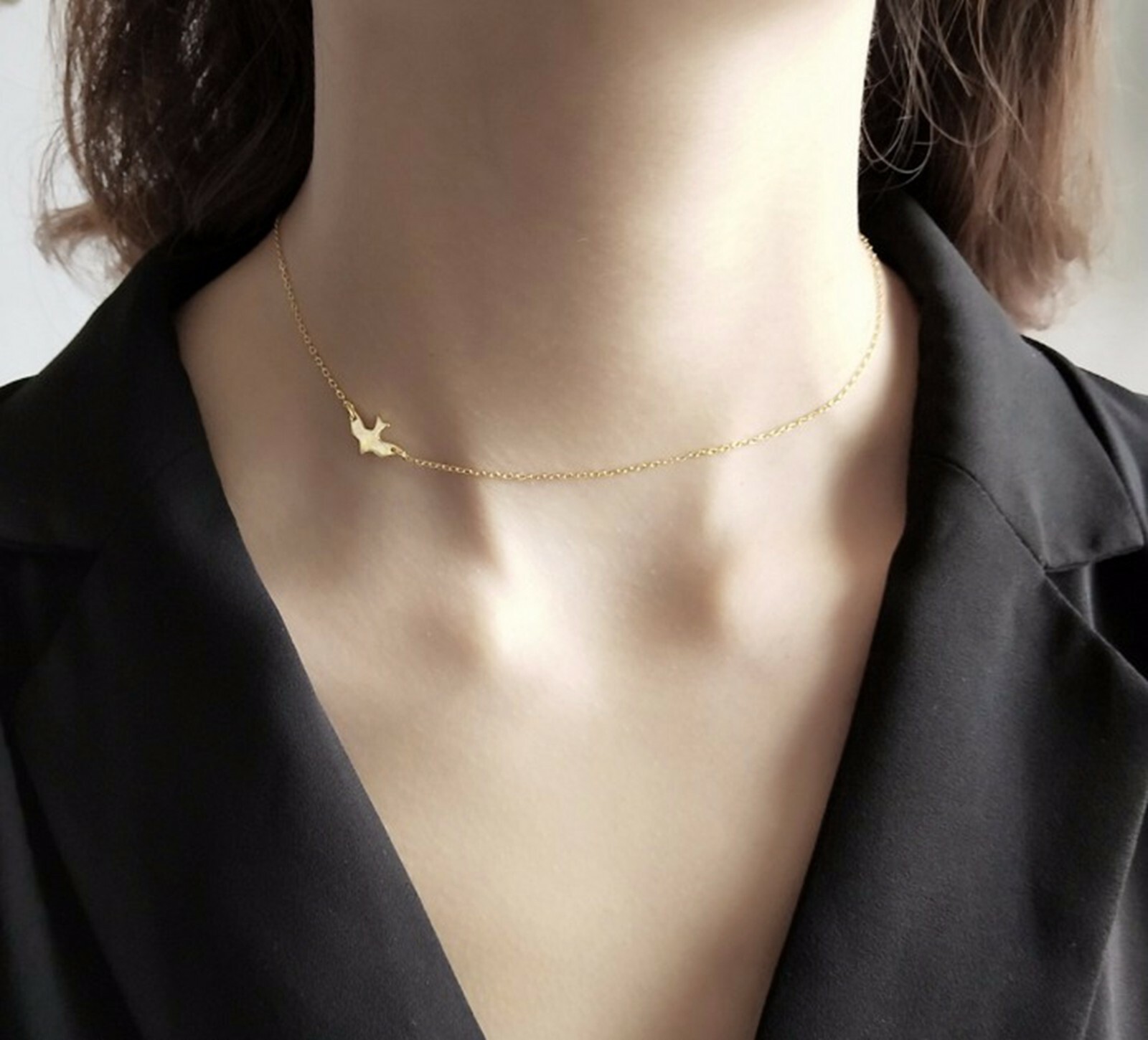 Women / Girl Gold Plated 925 Sterling Silver Bird Choker Chain Necklace 12-15″