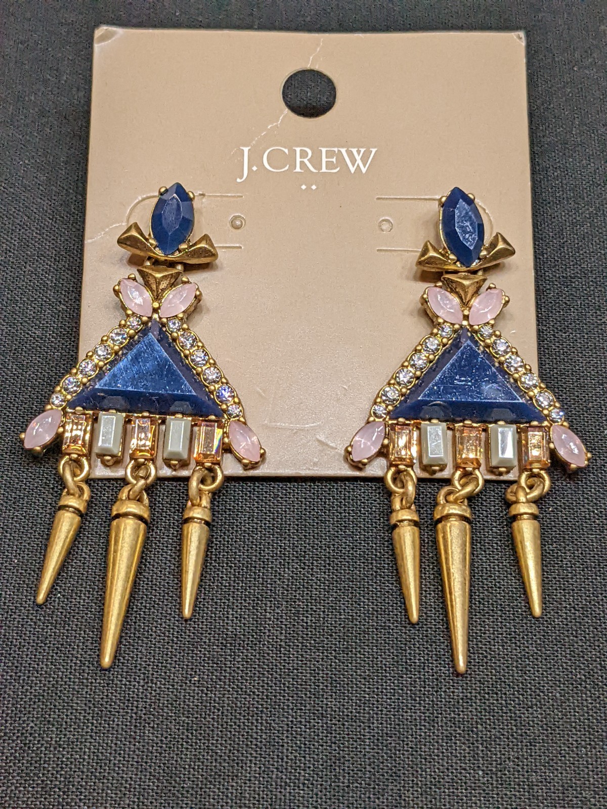 J.Crew Statement Earrings Blue Pink Crystal Spike Dangle Gold Tone C7865 NWT