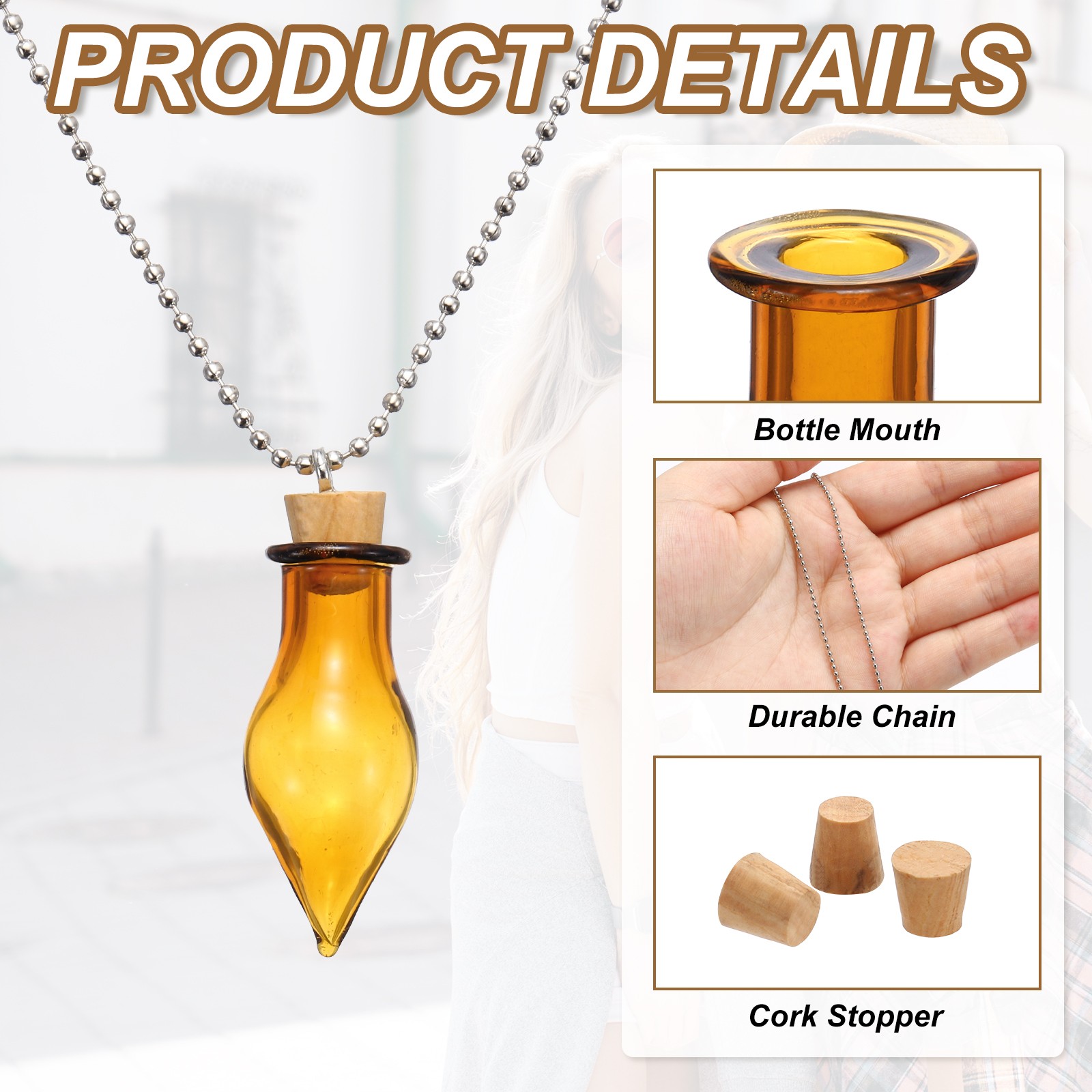 30mm Vial Necklace with Cork Stoppers Black Velvet Bag, Drop Shaped, Champagne