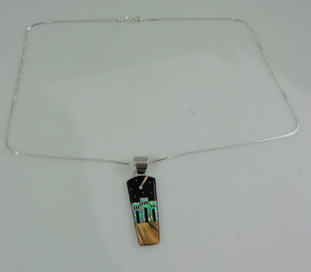 Sterling Silver Jasper Starry Night Lab Opal Three Dwellings Pendant Necklace