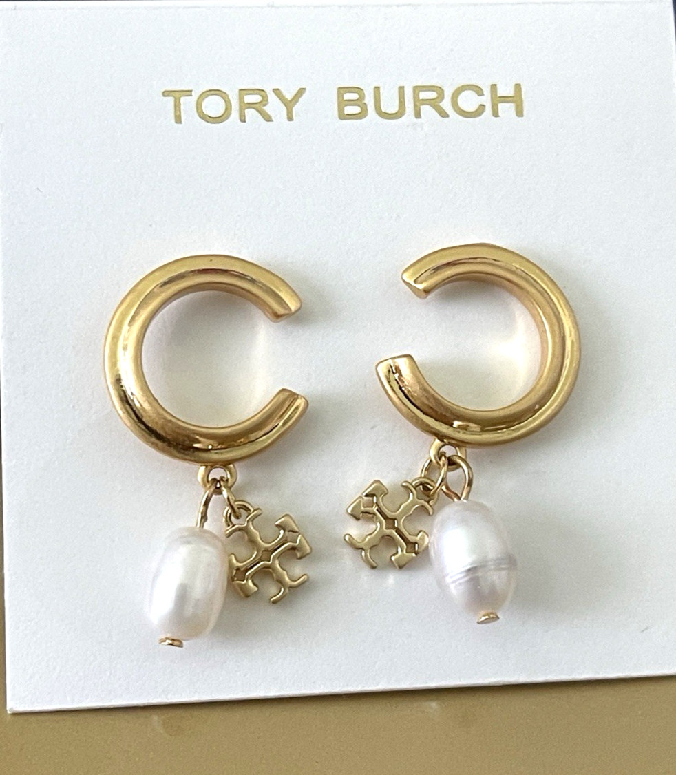 Tory Burch Gold & Pearl Drop Half Hoop Earrings with TB Charm New+Dust Bag
