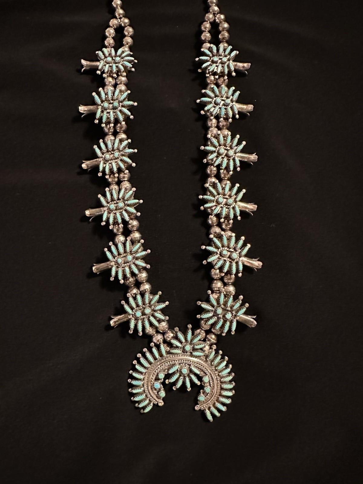 Ed Niiha Signed Sterling Silver Beaded Zuni Squash Blossom Necklace