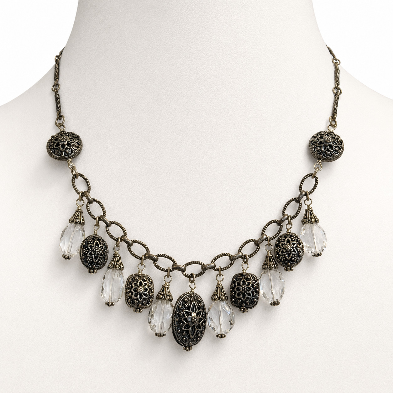 Lily Pearl Filigree Drop Necklace Sterling Silver Crystal Teardrop Necklace