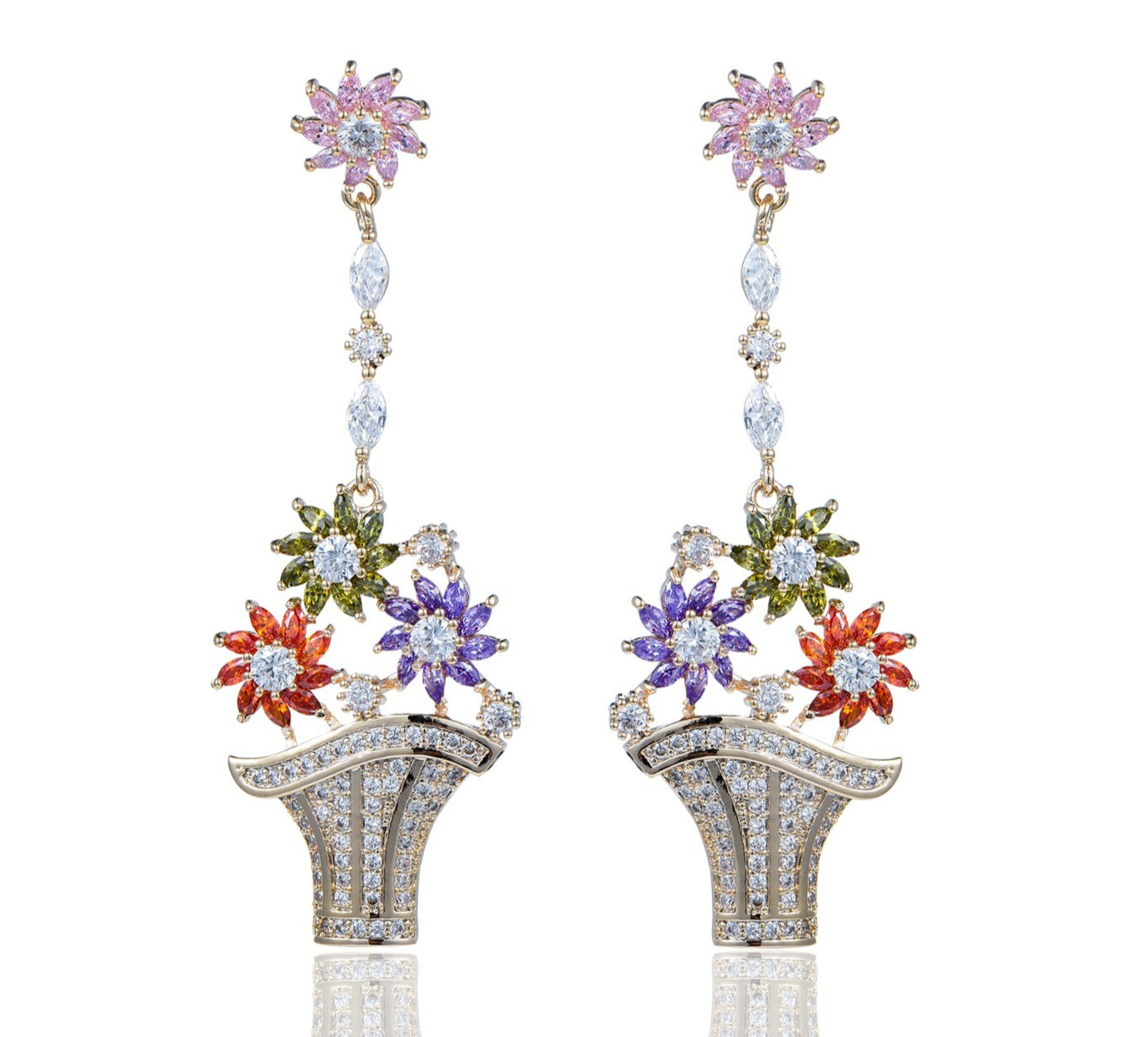 Flower Basket Multi-color CZ Cubic Zirconia Dangle Chandelier Stud Earrings N117