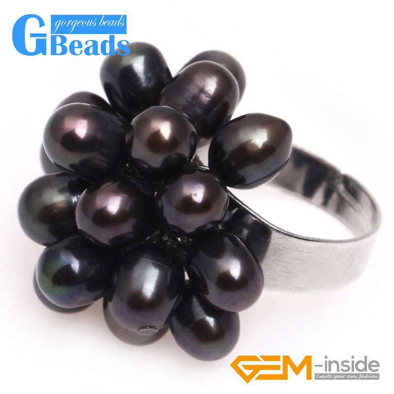 Charm Black White Purple Pink Freshwater Pearl Silver Plated Ring Women #7- #6