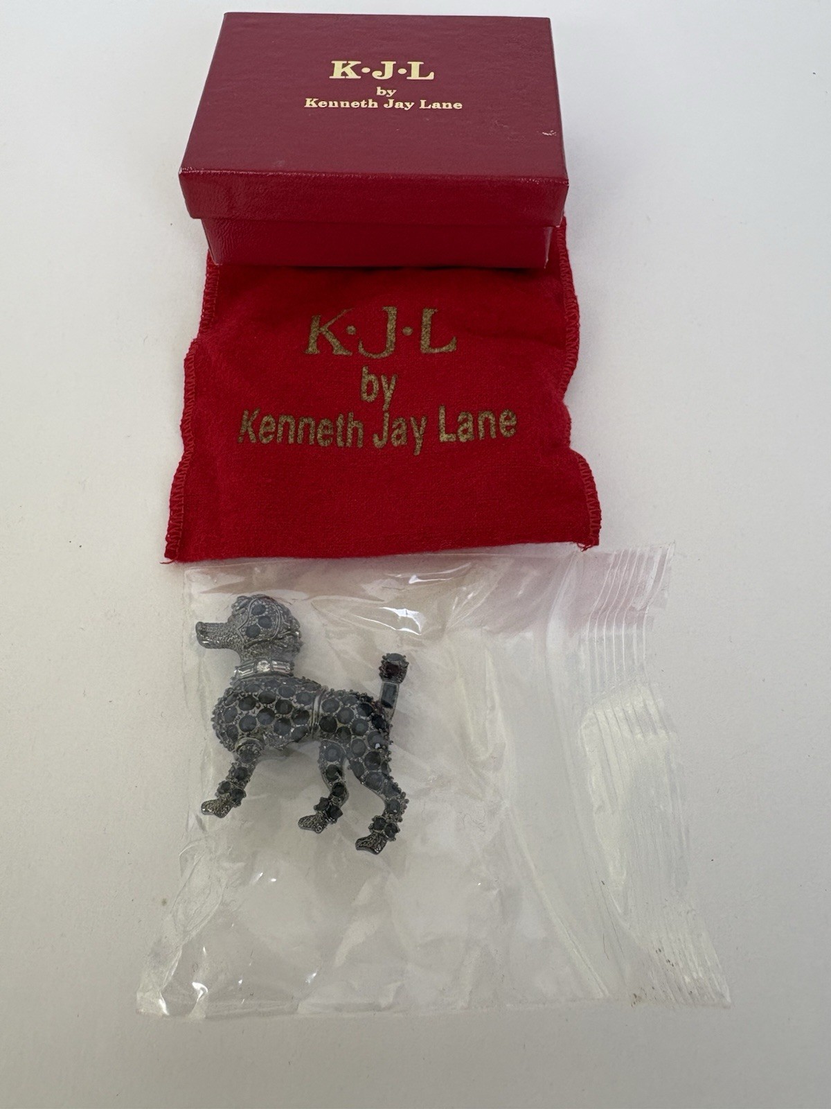 KJL Kenneth Jay Lane Rhinestone Poodle Brooch Pin – Complete Set w/ Box & Book