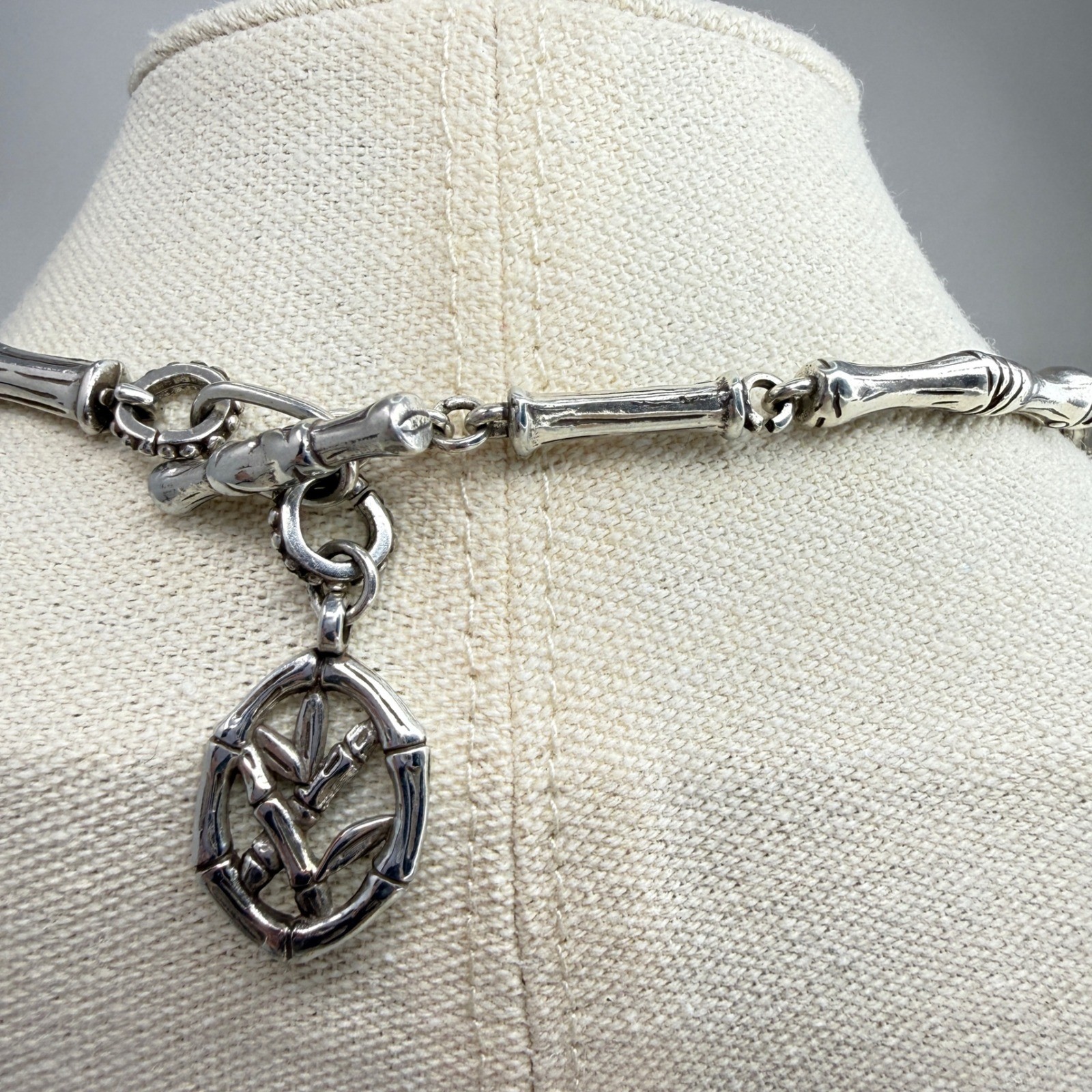 Vintage Bamboo Link Articulated Necklace Botanical Style Silver Tone