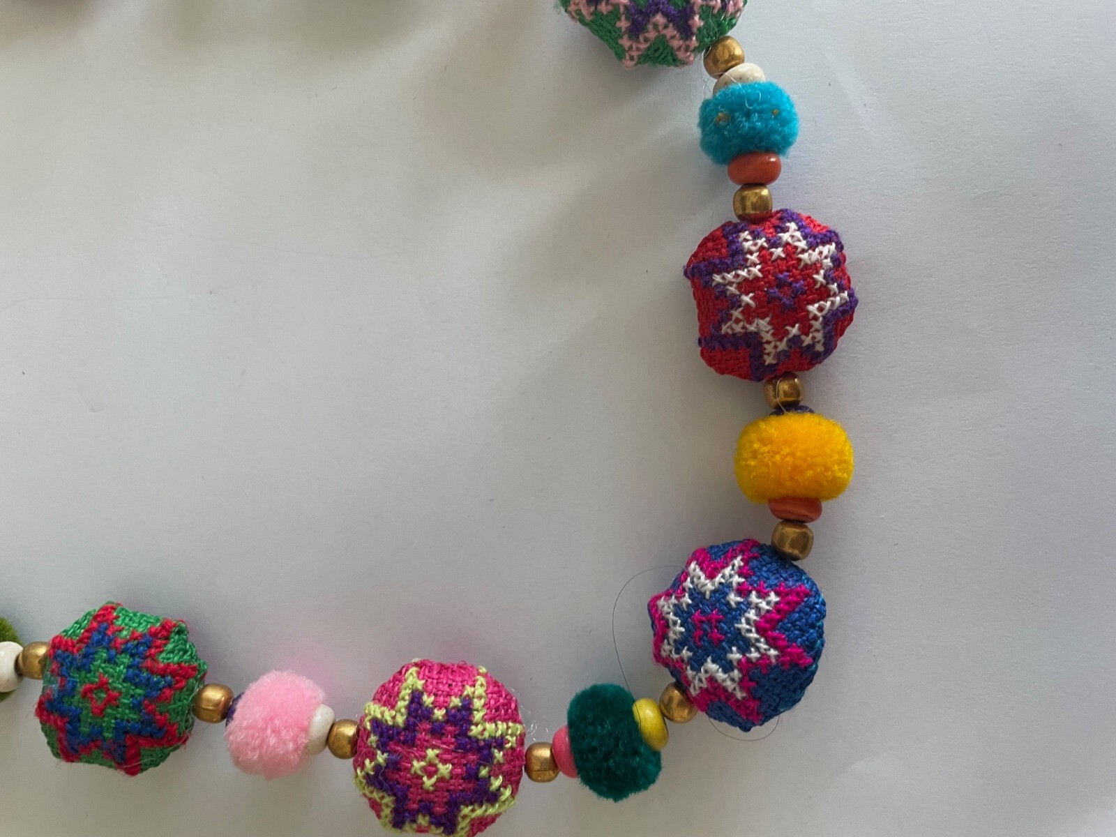 Fabric beaded necklace with glass and metal separators, 16″