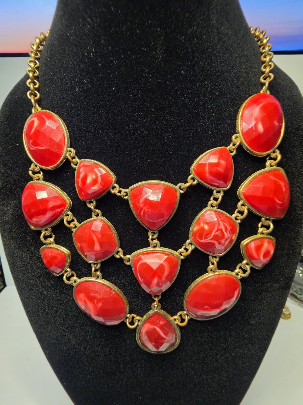 Charming Charlie Red Marble Bib Necklace Gold Tone