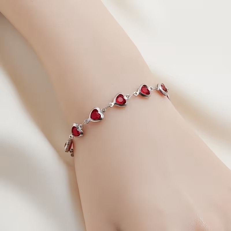Heart Shaped Ladies Stainless Steel Bracelet Chain. Lobster Clasp, Red or Green