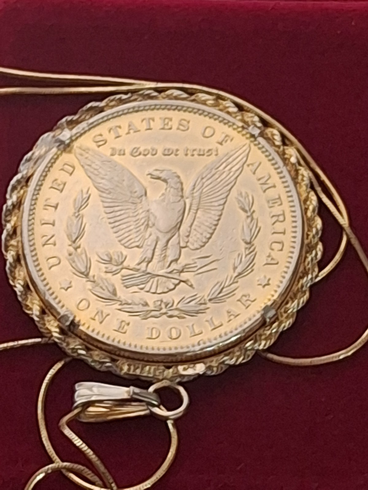 1885 .900 Morgan Gilded Silver Dollar Gold Filled Pendant 22″ chain w Gift Box