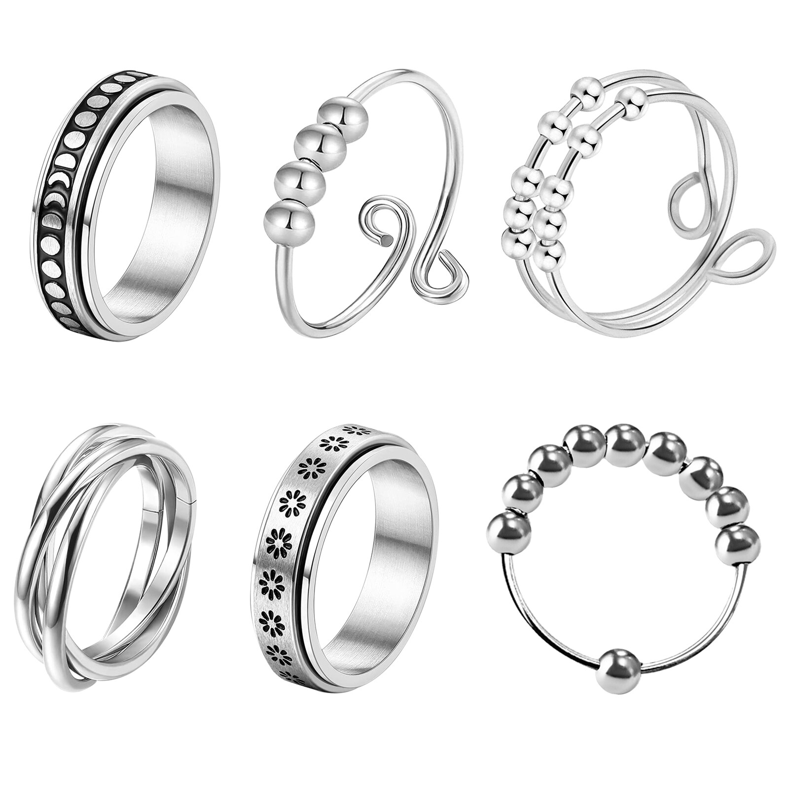 6pcs Anti Anxiety Fidget Spinner Ring Stress Relief Beads Rotate Band Women Gift