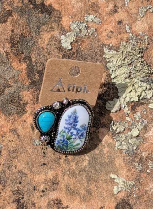 Southwestern Faux Turquoise & Texas Bluebonnet Portrait Statement Ring
